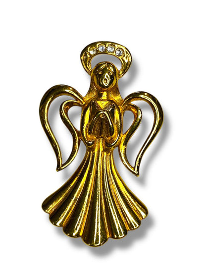 Goldtone Angel Lapel Pin Praying Rhinestone Halo 1.8"