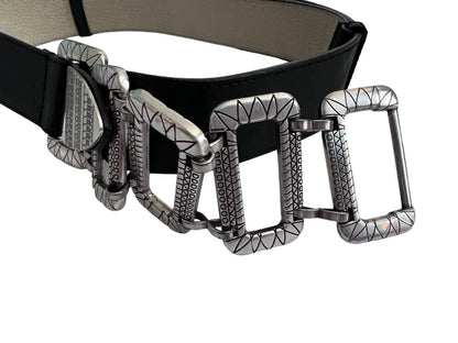 Chico's Black Leather Silver Chain Link Adjustable Slide Belt