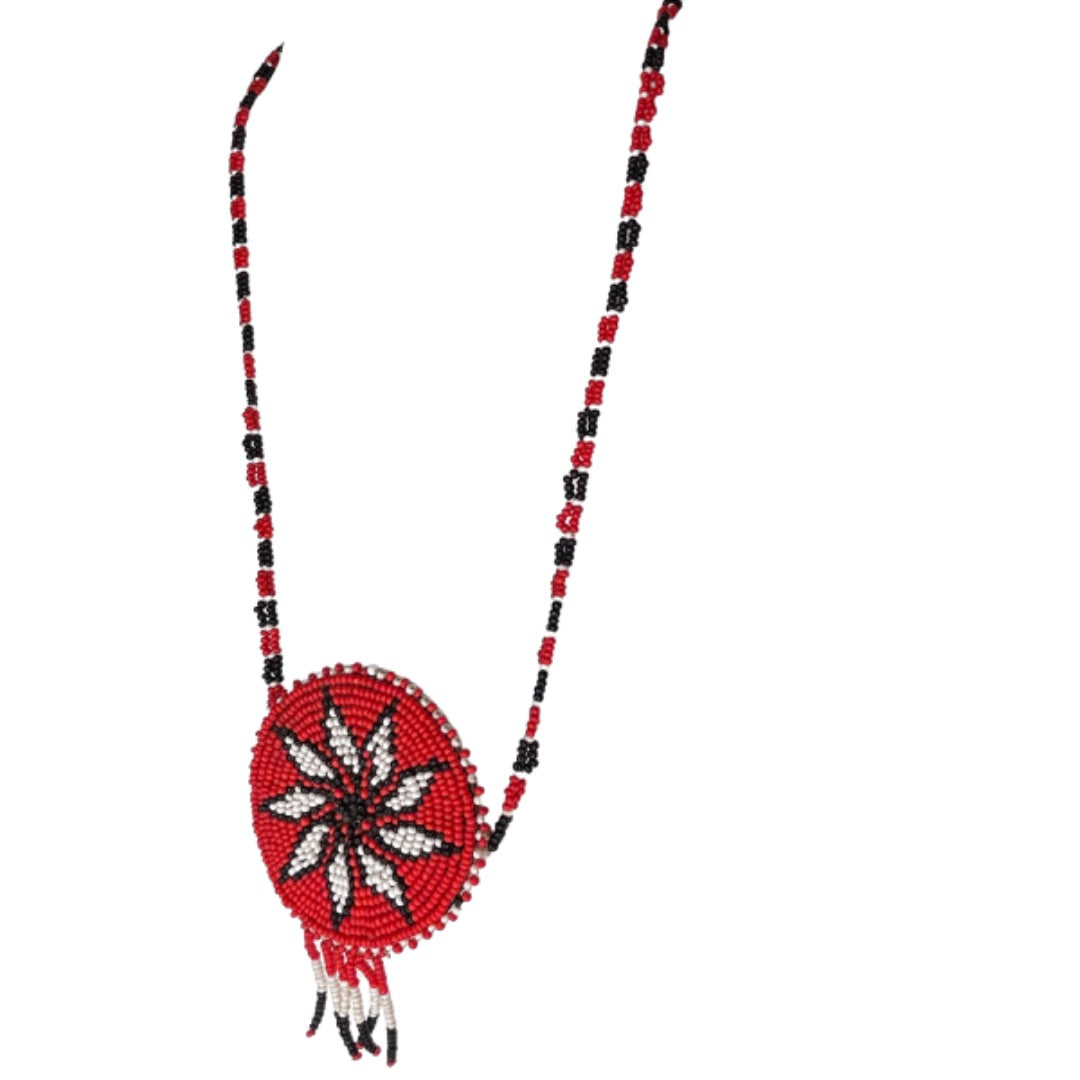 Seed Bead Star Pendant Necklace Leather Backing 29" Red Black White
