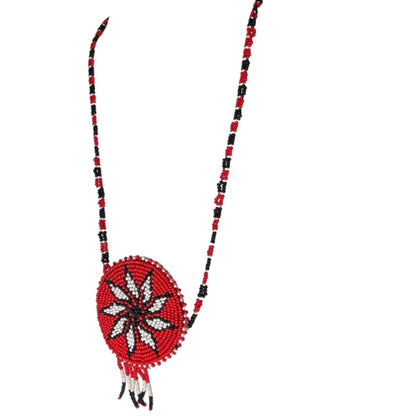 Seed Bead Star Pendant Necklace Leather Backing 29" Red Black White
