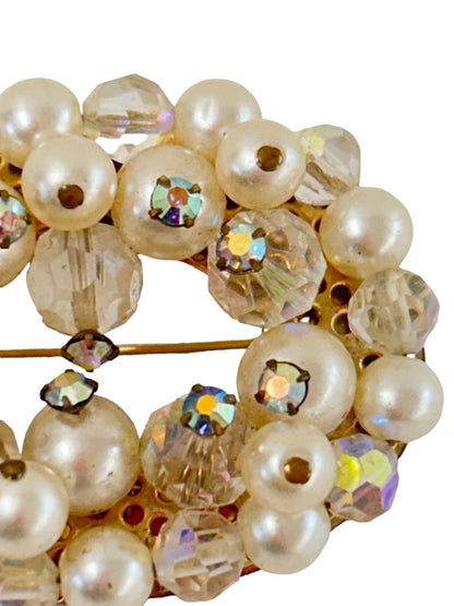 Vintage Brooch Aurora Borealis Beads Faux Pearls Oval 2"