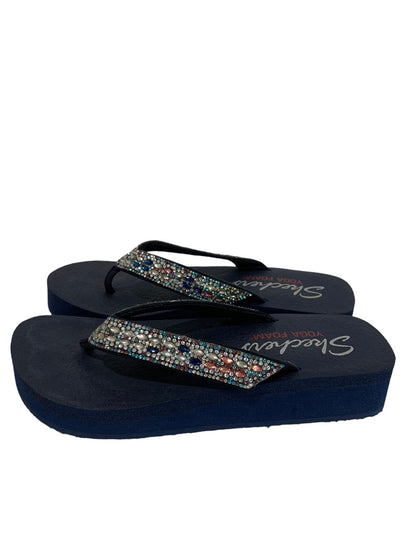 Size 8 Skechers Yoga Foam Platform Flip Flop Sandals Jeweled Navy Blue