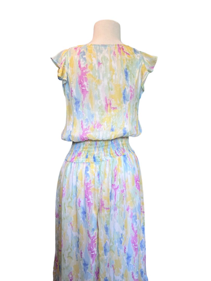 Size 8 Anthropologie Watercolor Print Spring Sleeveless Maxi Dress Lined Elastic Waist Tassle Ties