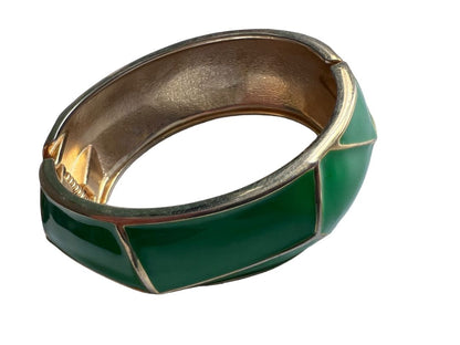 Goldtone Metal Hinged Bangle Bracelet Green Enamel Preppy