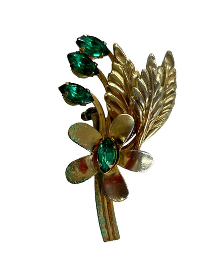 Goldtone and Green Vintage 1960s Brooch Pin Flower Leaf 1.9"