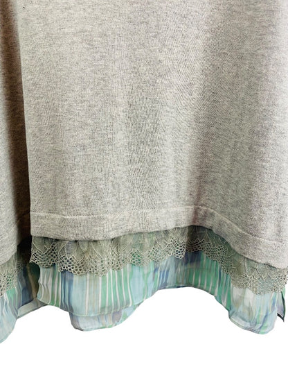 Large LOGO by Lori Goldstein Lightweight Gray Sweater Cashmere Blend Flounce Hem Lace Detail