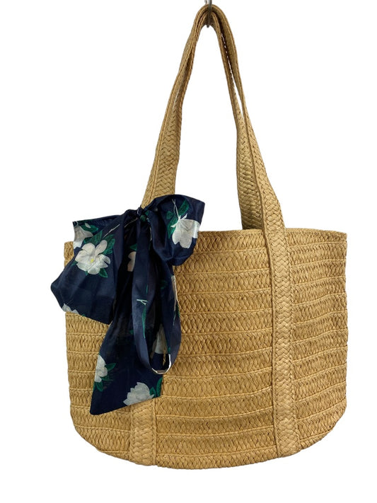 Draper James Lined Straw Tote Handbag Natural Navy Blue Purse Scarf