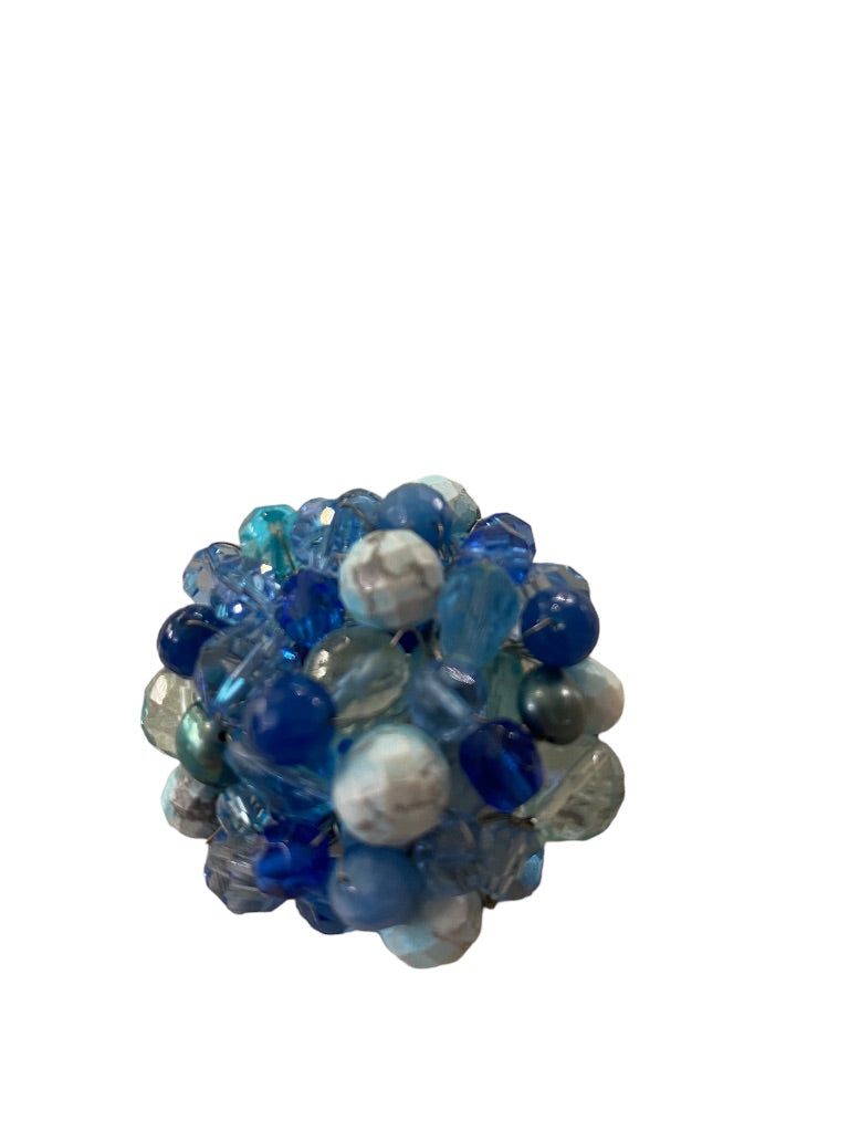 Mixed Blue Tones Beaded Cluster Brooch Statement 2.5" Diameter Pin