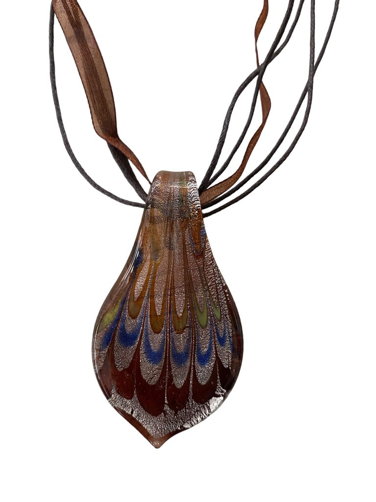 Glass Pendant Necklace 19" Ribbon and Cord Brown Tones 2.5" Drop Pendant