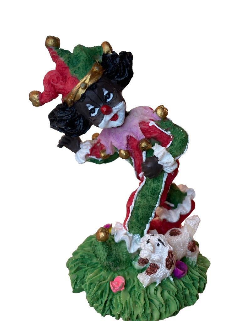 Resin Clown Figurine Green Red Brown Skin Jester Running Dog Grass 4.5"