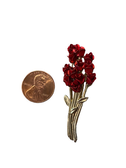Signed DM Danbury Mint for Avon Brooch Red Goldtone Rose Bouquet 2.25" 1997