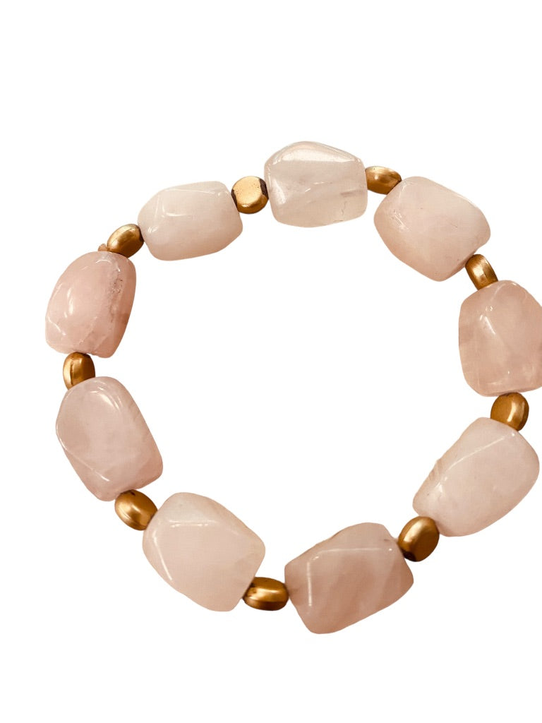 Beaded Stone and Goldtone Spacer Stretch Bracelet Blush Pink 2.5" Inside Diameter