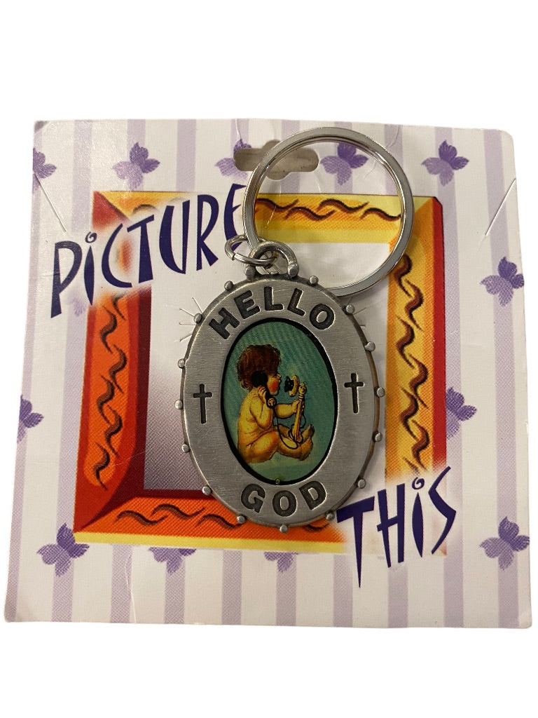 New "Hello God" Picture This Pewter Keychain Key Ring 2"