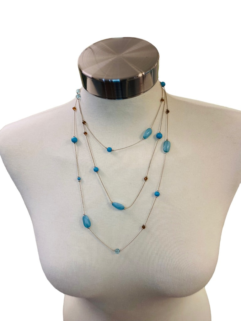 Long Strand Necklace Delicate Silvertone and Blue Acrylic Beads 60" Lobster Clasp Layered