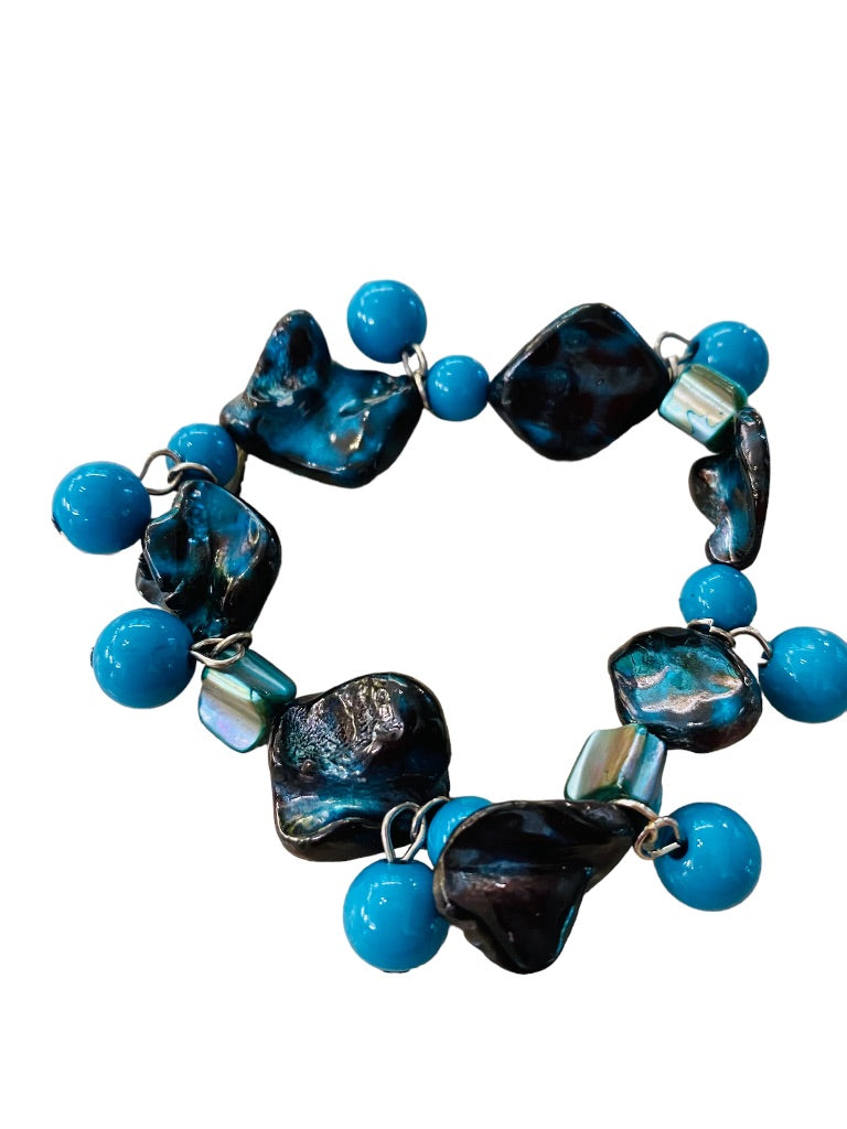 Beaded Stretch Bracelet Acrylic Funky Artsy Dangling Beads Teal Black