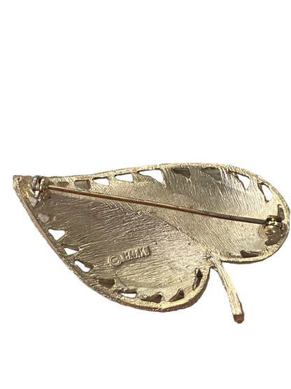 Signed BSK Goldtone Brooch Brushed Leaf Textured 2.1" Pin