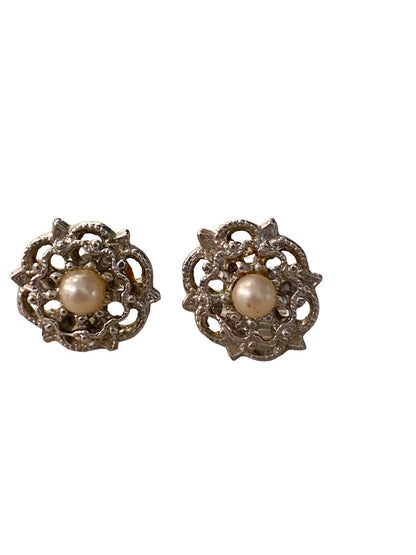 Vintage Silvertone Intricate Post Stud Earrings Faux Pearl Center Flower