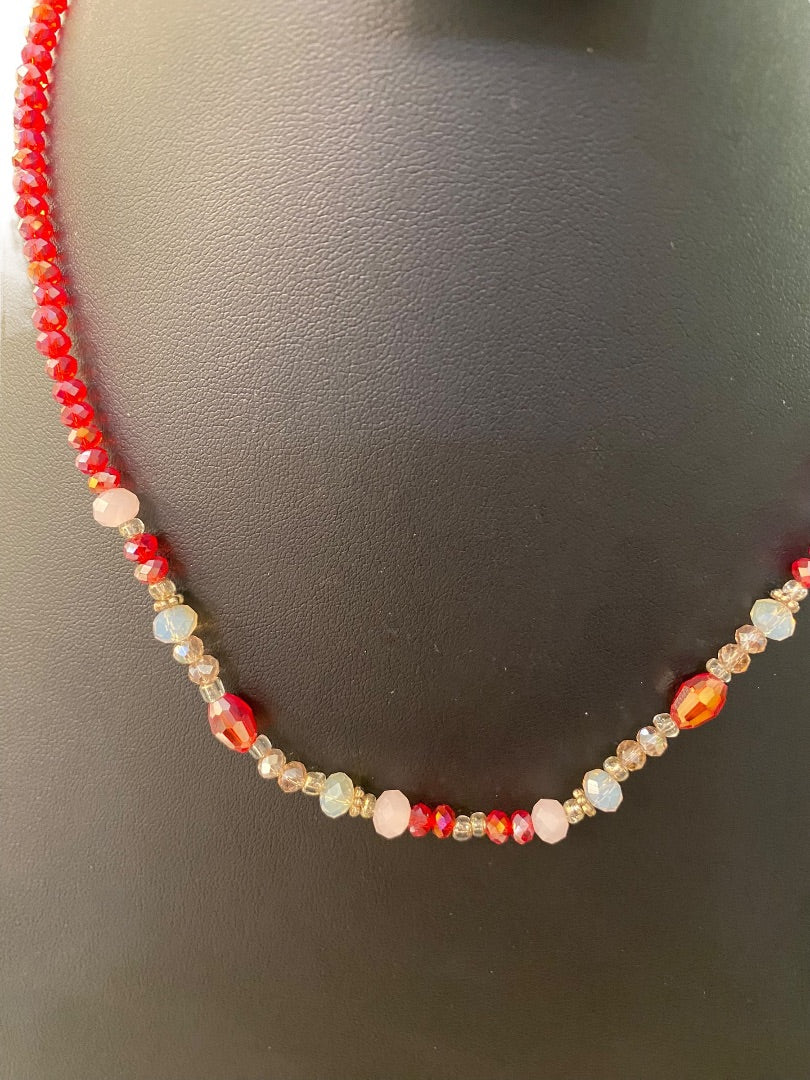 Red Crystal Beaded Necklace Clear Silvertone Necklace 18"