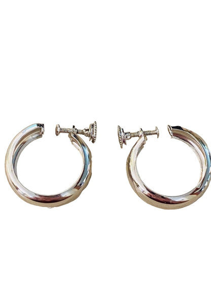 Sivertone Signed Monet Non-Pierced Screwback Earrings Hoops 1" Diameter