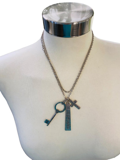 Christian Necklace Silvertone 3 Pendant Cross Key Amazing Grace Religious Lobster Clasp 36" Chain