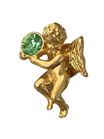 Vintage Avon Signed Guardian Angel Lapel Pin Peridot Cherub 1"