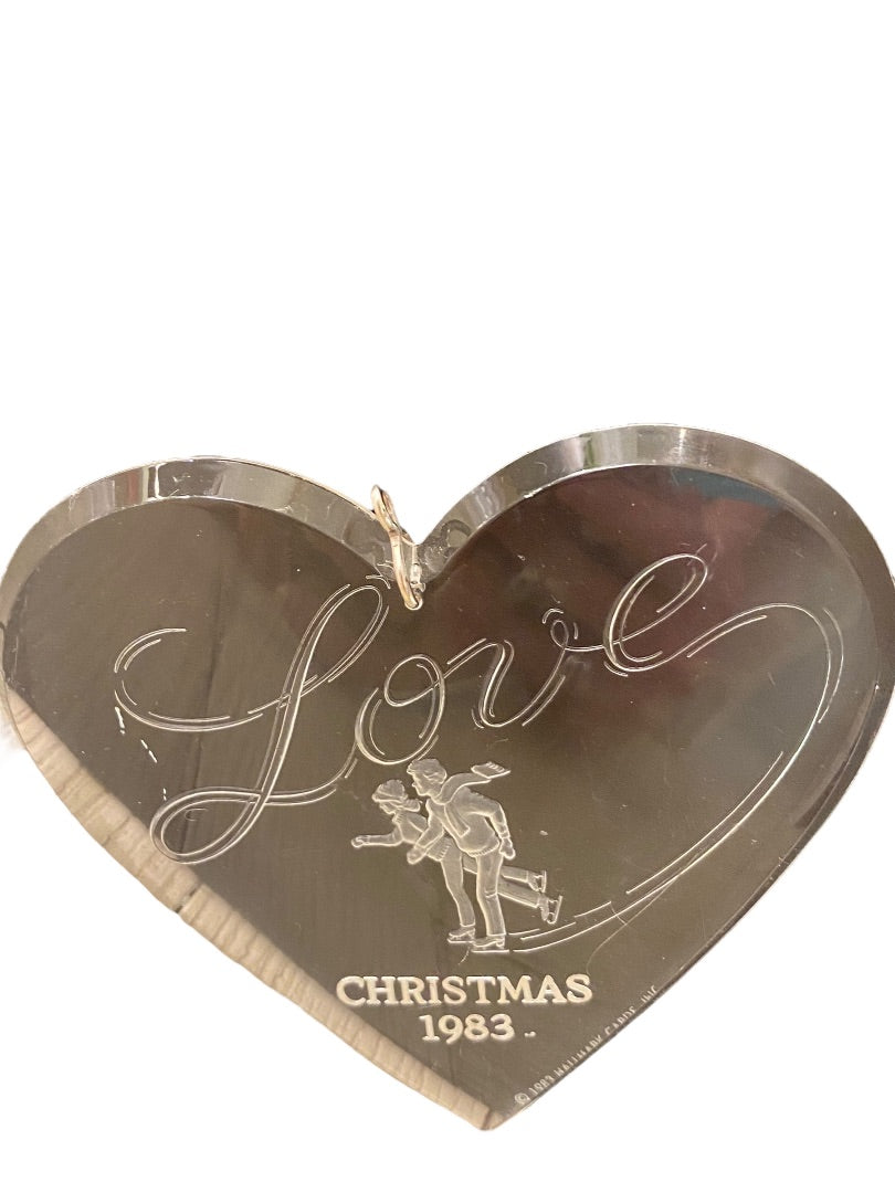 Clear Acrylic Christmas 1983 Ornament Love Ice Skaters Heart Shape 3 3/4"