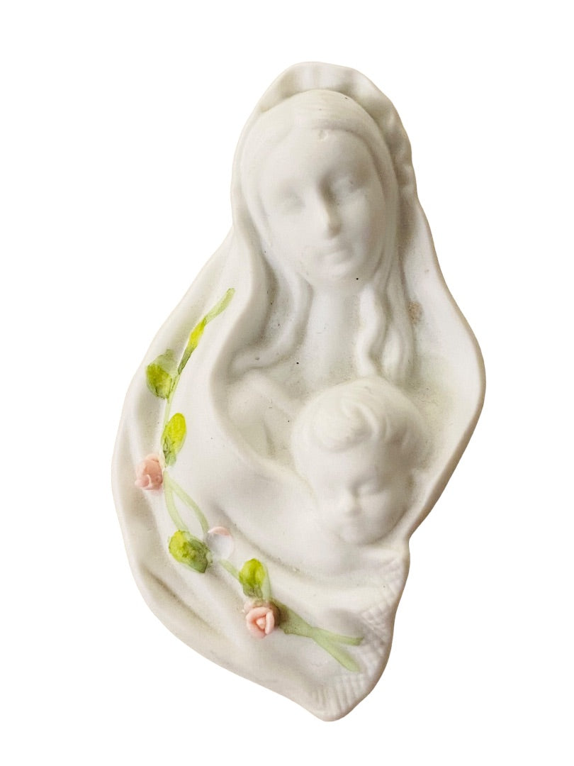 Madonna And Child By Autom White Bisque Porcelain Flowers Figurine Wall Hanging