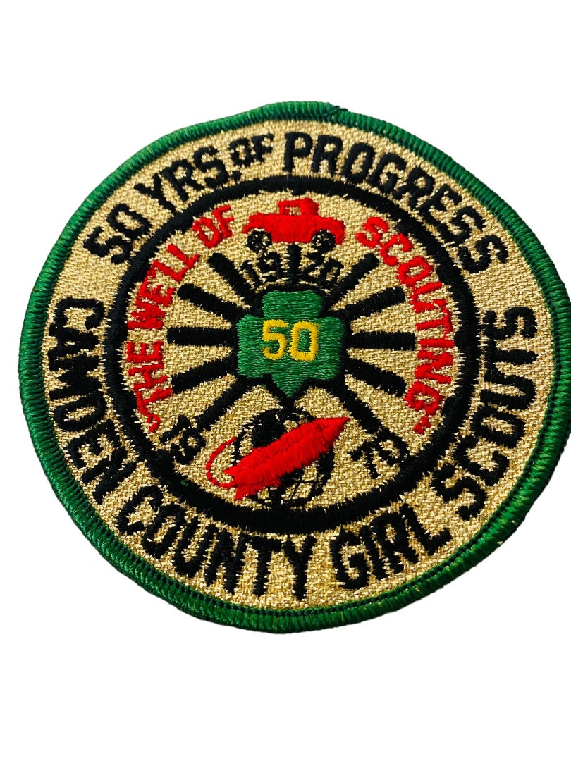 Girl Scout Patch Vintage 1970 Camden County 50 Years of Progress 3.7" Metallic