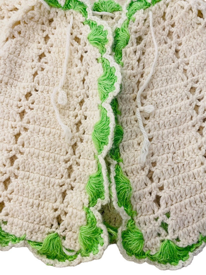 Vintage Hand Crocheted Baby Sweater Cream Green Trim Tie Closure Cardigan 12-24 Mos