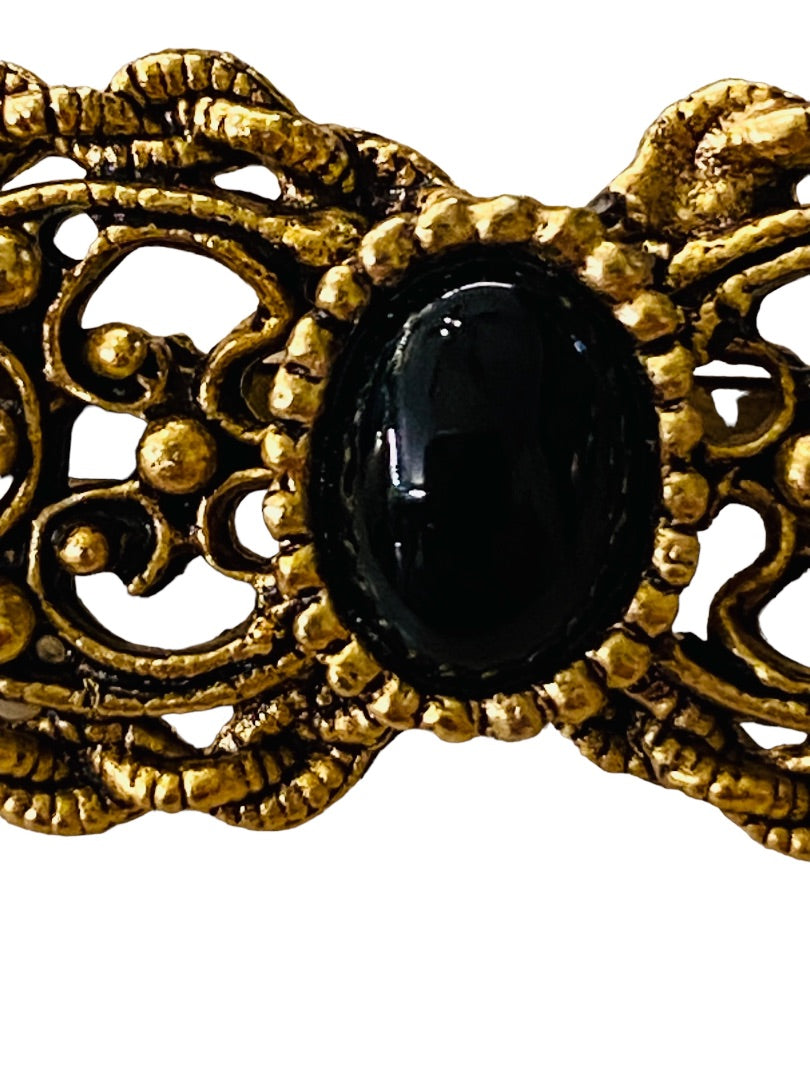 Vintage Victorian Style Brooch Goldtone Black Pin Filigreee Intricate 2" Length