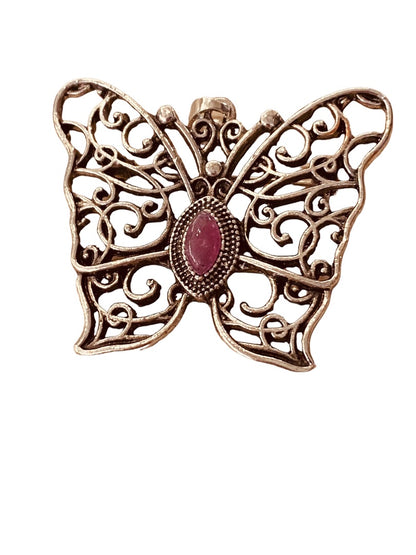 Silvertone Butterfly Pendant Brooch Purple Jewel 1.5" Filigree Style