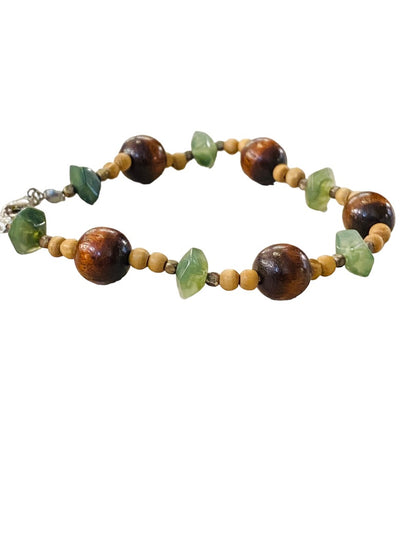 Wood Bead and Green Stone Bracelet 9" Lobster Clasp Lightweight Boho Style