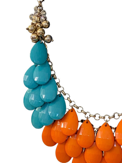 Statement Necklace Teal Coral Goldtone Funky Lays Flat Faceted Acrylic Beads