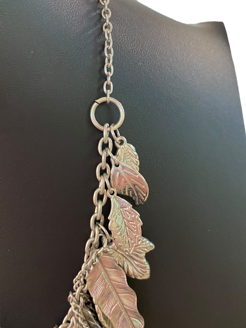 Silvertone Layered Boho Necklace Leaf and Chain Statement 16-18"