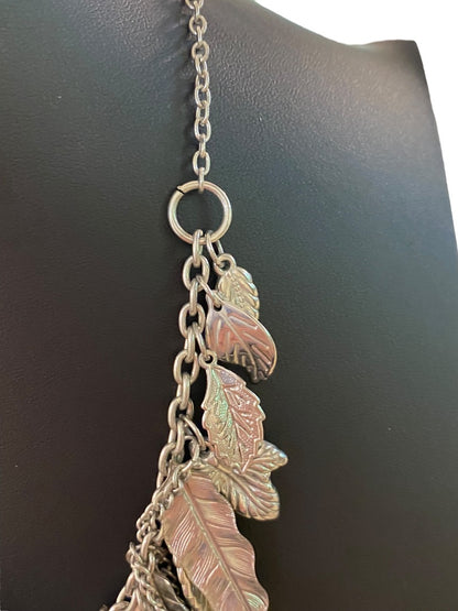 Silvertone Layered Boho Necklace Leaf and Chain Statement 16-18"