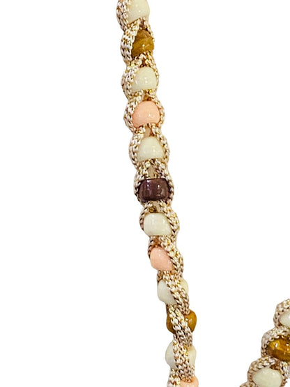 Braided Plastic Bead Necklace 32" Overhead Goldtone Pink Brown Lightweight 5" Tassel