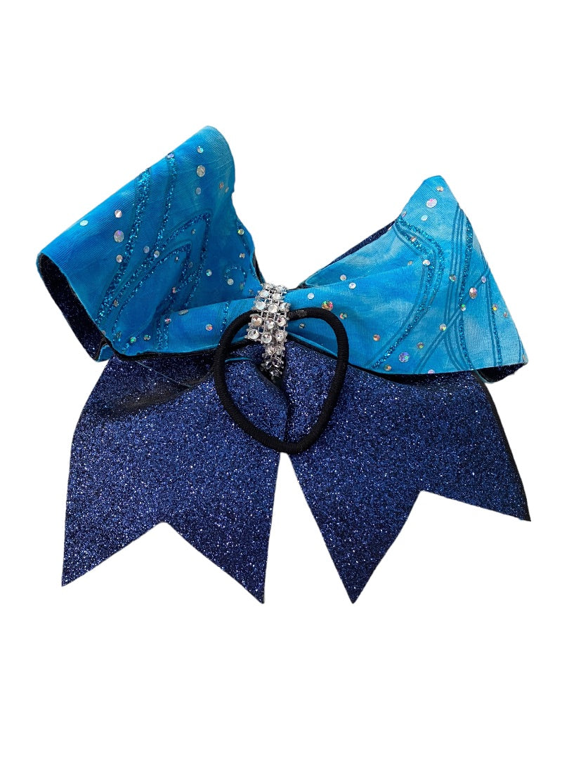 Girls Oversize Hair Bow 6.5" Elastic Ponytail Holder Blue Glitter Bejeweled