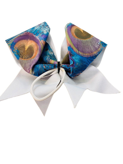 Girls Oversize Hair Bow 6.5" Elastic Ponytail Holder "Pretty as a Peacock" Multicolor