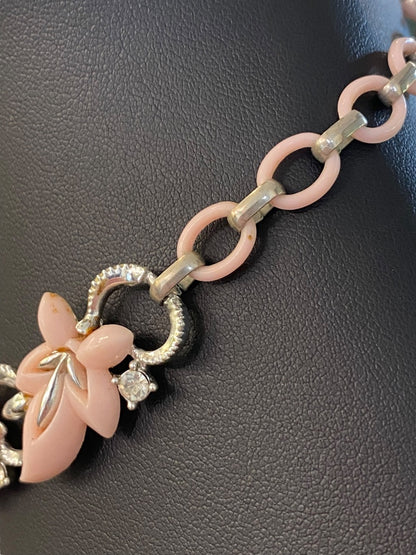 Vintage 13-15" Necklace Hook Closure Pink Plastic Leaf Silvertone