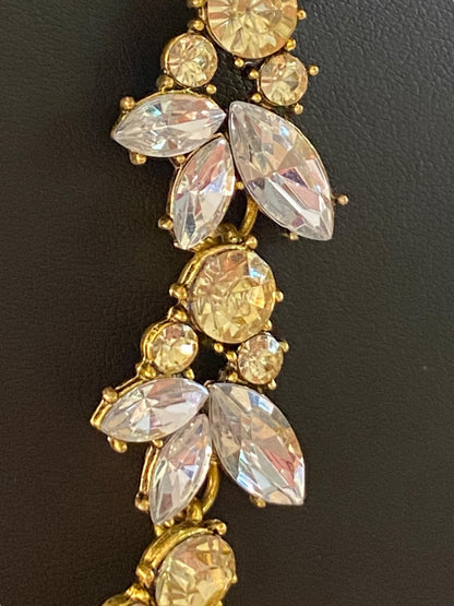 Goldtone Statement Necklace Vine Design Green Clear Faceted Jewels 16-18" Lays Flat