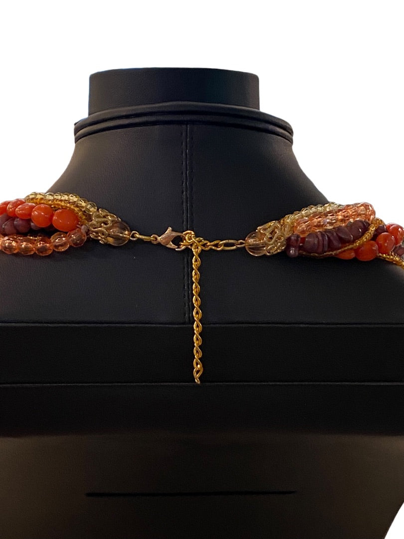 Vintage Twist Multistrand Acrylic Beaded Necklace 18-21" Orange Brown Lobster Clasp