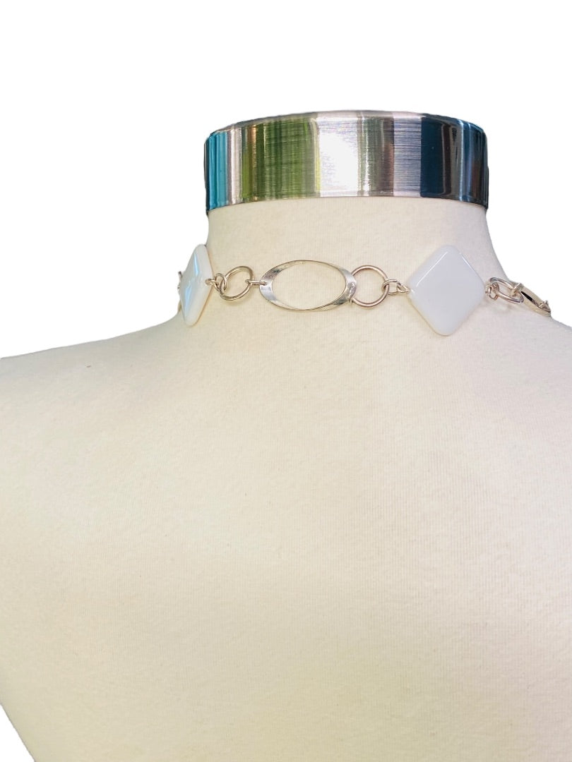 Silvertone and White Acrylic Square Necklace Overhead 34" Lightweight