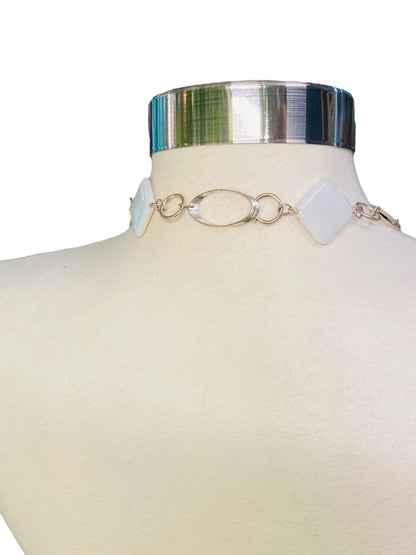 Silvertone and White Acrylic Square Necklace Overhead 34" Lightweight