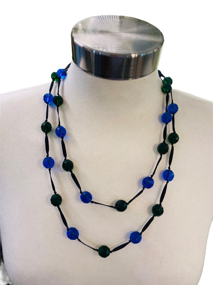 Blue Green Black Knotted Ribbon Necklace Faceted Beads 48" Oversize Spring Clasp