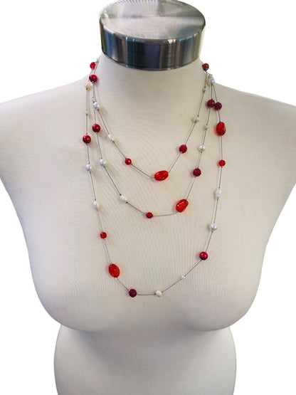 Silvertone Red Chain Necklace Strand String 67" Lobster Clasp Faux Assorted Pearls