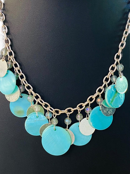 Silvertone and Aqua Charm Layered Circle Necklace 16-19" Lobster Clasp