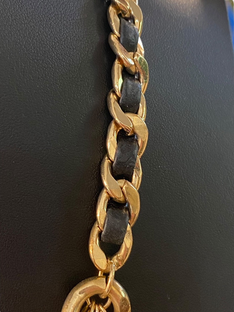 Goldtone and Black Cord Chunky Dual Strand Chain Necklace 17-19" Lobster Clasp