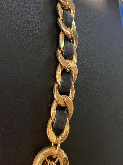 Goldtone and Black Cord Chunky Dual Strand Chain Necklace 17-19" Lobster Clasp