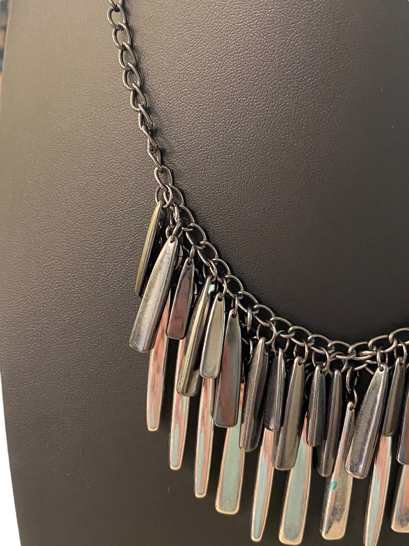 New York & Co Pewter Color and Silvertone Fringe Necklace 18-21" Lobster Clasp 1.5" Drop