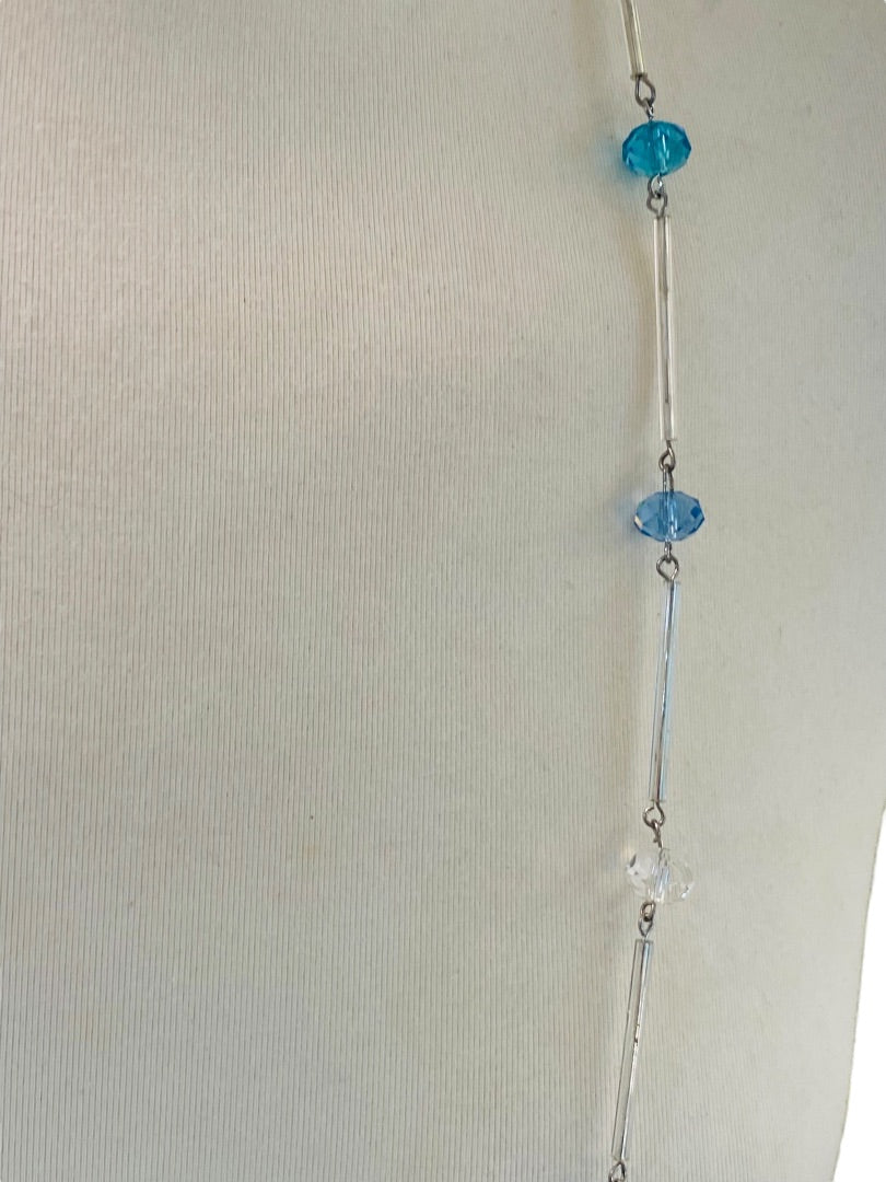 Silvertone Blue Aqua Beaded Overhead 36" Strand String Necklace